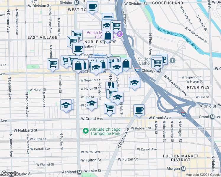 map of restaurants, bars, coffee shops, grocery stores, and more near 1413 West Superior Street in Chicago