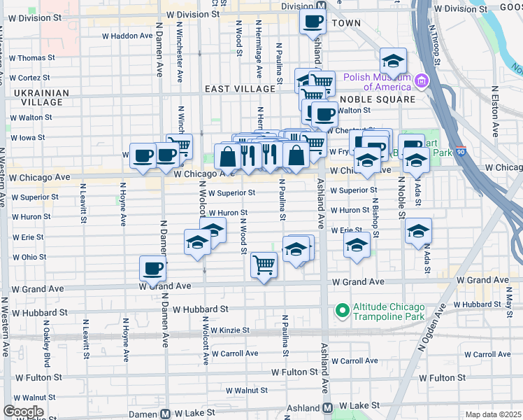 map of restaurants, bars, coffee shops, grocery stores, and more near 1719 West Superior Street in Chicago