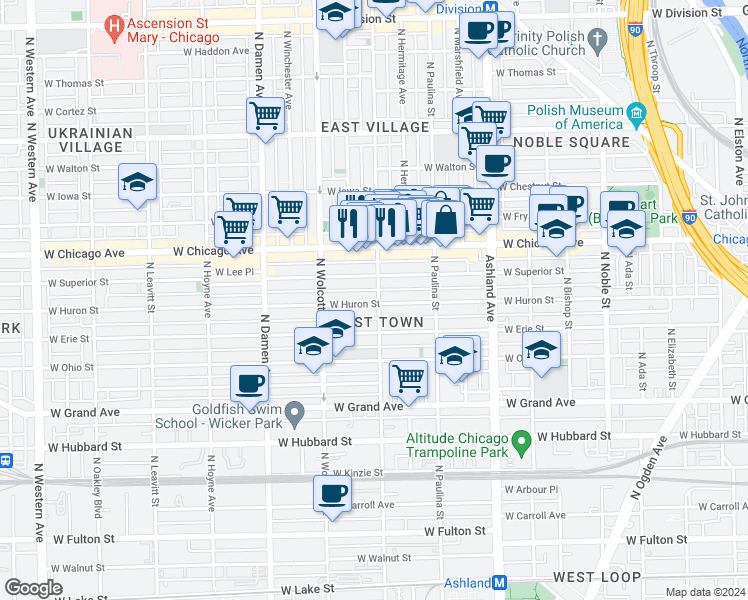 map of restaurants, bars, coffee shops, grocery stores, and more near 1759 West Superior Street in Chicago