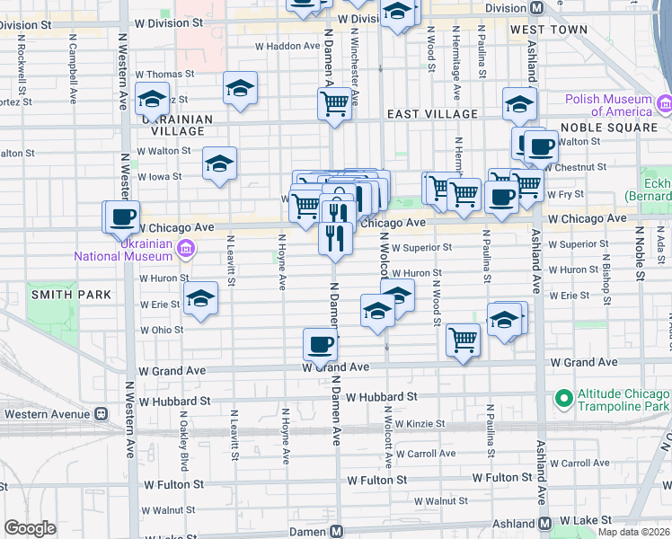 map of restaurants, bars, coffee shops, grocery stores, and more near 1948 West Superior Street in Chicago
