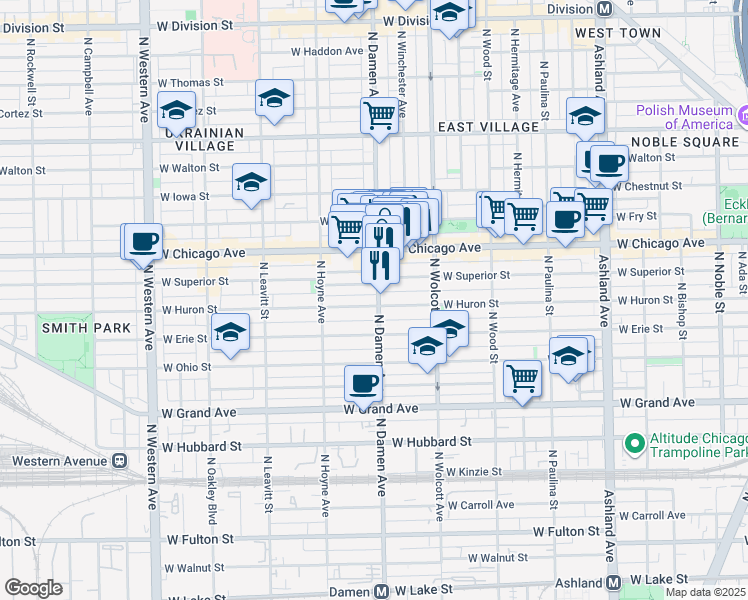 map of restaurants, bars, coffee shops, grocery stores, and more near 1948 West Superior Street in Chicago