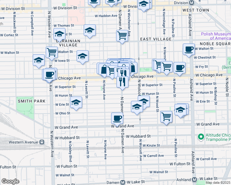 map of restaurants, bars, coffee shops, grocery stores, and more near 2022 West Superior Street in Chicago