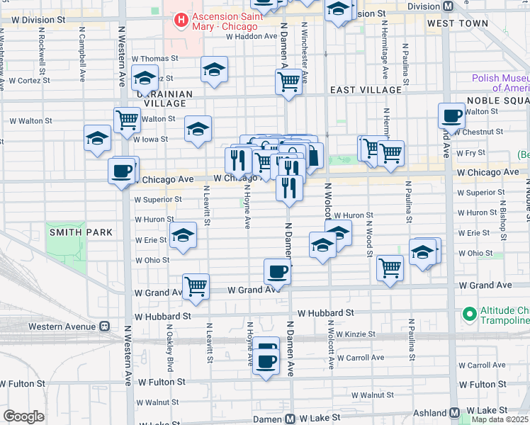 map of restaurants, bars, coffee shops, grocery stores, and more near 2022 West Superior Street in Chicago