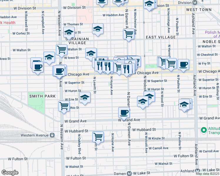 map of restaurants, bars, coffee shops, grocery stores, and more near 2100 West Superior Street in Chicago
