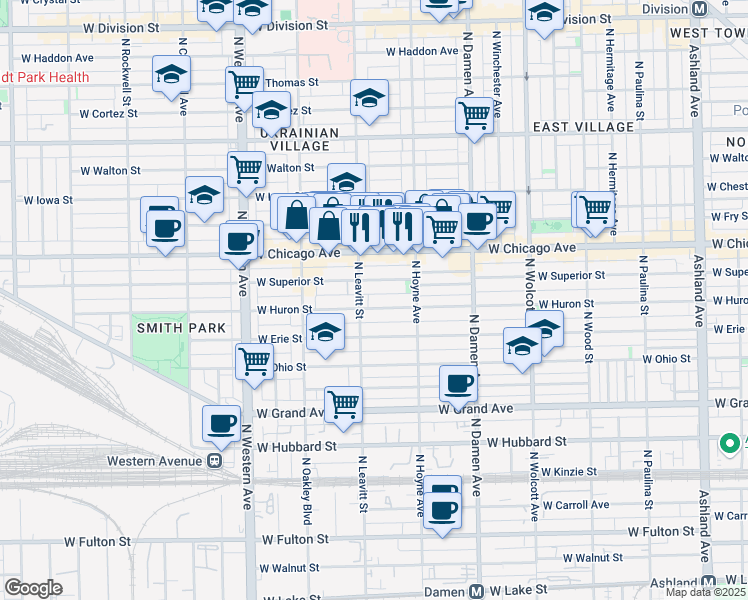 map of restaurants, bars, coffee shops, grocery stores, and more near 2136 West Superior Street in Chicago