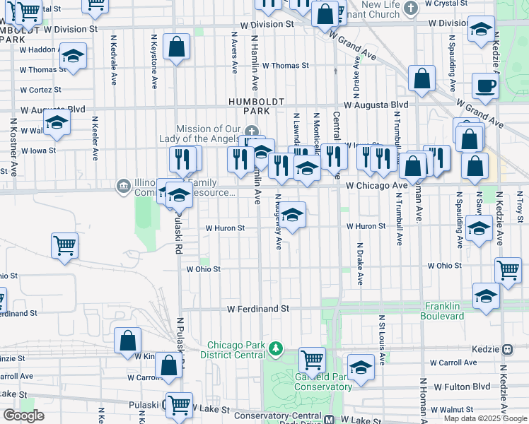 map of restaurants, bars, coffee shops, grocery stores, and more near 742 North Hamlin Avenue in Chicago