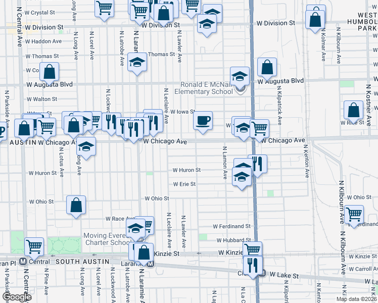 map of restaurants, bars, coffee shops, grocery stores, and more near 5018 West Chicago Avenue in Chicago