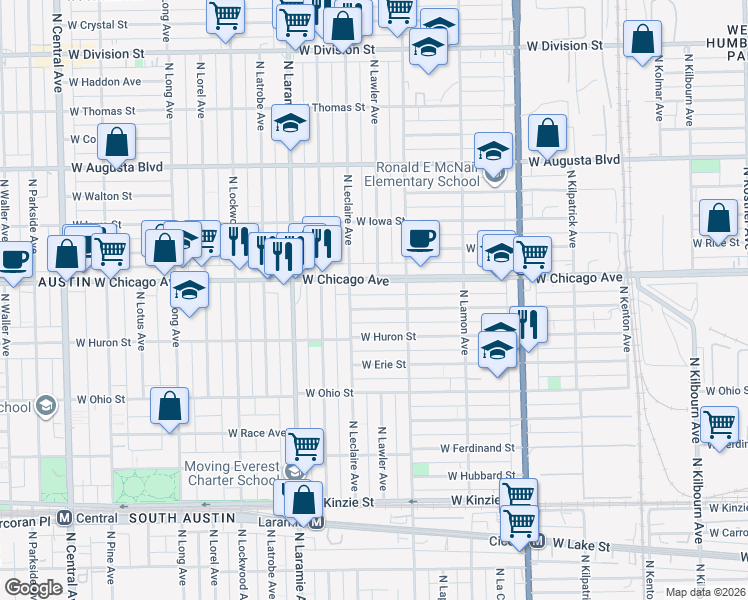 map of restaurants, bars, coffee shops, grocery stores, and more near 5018 West Chicago Avenue in Chicago