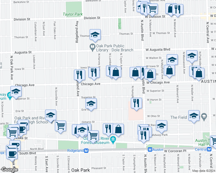 map of restaurants, bars, coffee shops, grocery stores, and more near 501 North Lombard Avenue in Oak Park
