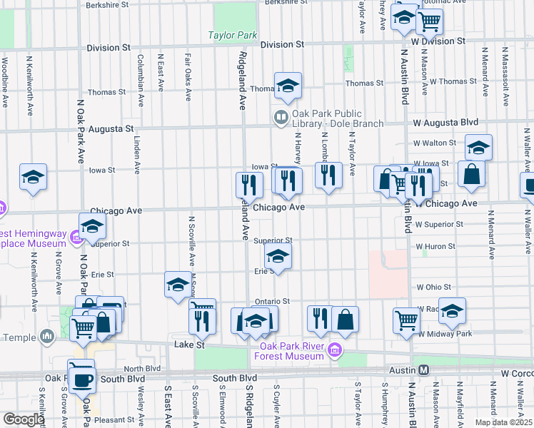 map of restaurants, bars, coffee shops, grocery stores, and more near 508 North Cuyler Avenue in Oak Park