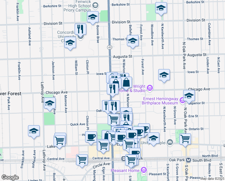 map of restaurants, bars, coffee shops, grocery stores, and more near 818 Harlem Avenue in Oak Park