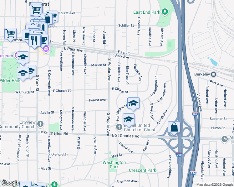 map of restaurants, bars, coffee shops, grocery stores, and more near 199 South Linden Avenue in Elmhurst