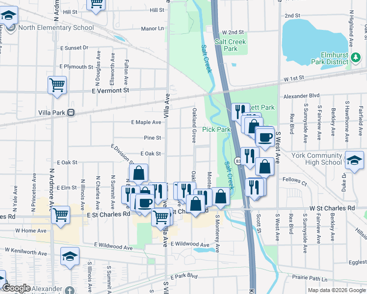 map of restaurants, bars, coffee shops, grocery stores, and more near 165 Pick Avenue in Elmhurst