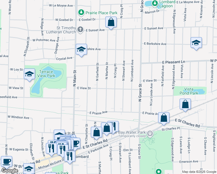 map of restaurants, bars, coffee shops, grocery stores, and more near 326 North Craig Place in Lombard