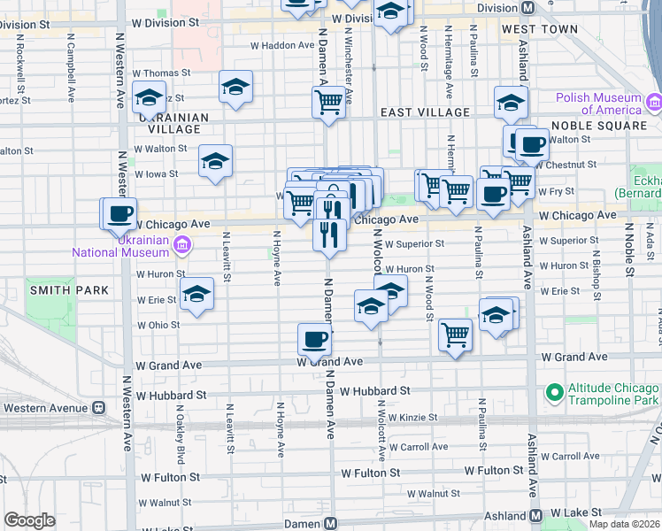 map of restaurants, bars, coffee shops, grocery stores, and more near 1948 West Superior Street in Chicago
