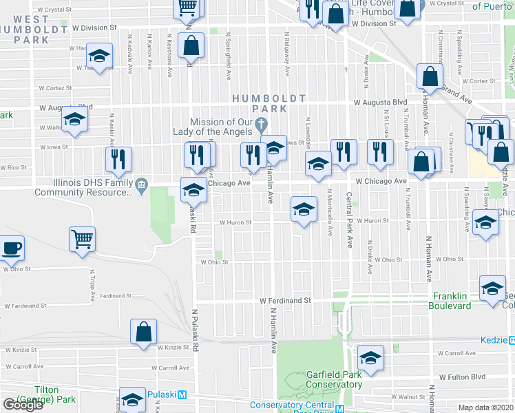 map of restaurants, bars, coffee shops, grocery stores, and more near 723 North Avers Avenue in Chicago