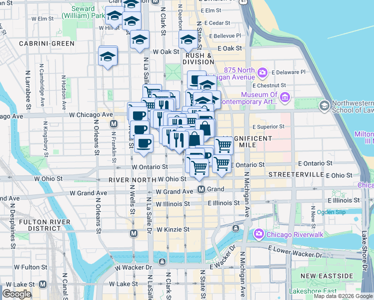 map of restaurants, bars, coffee shops, grocery stores, and more near in Chicago