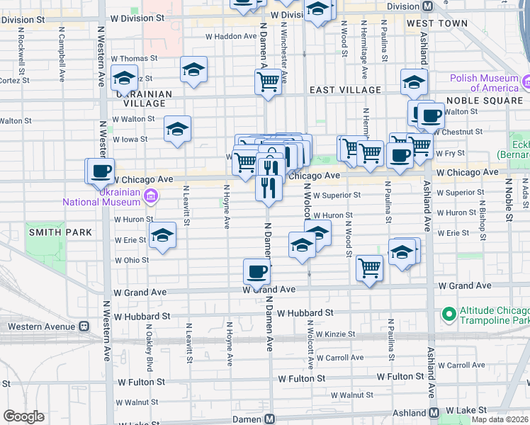map of restaurants, bars, coffee shops, grocery stores, and more near 1948 West Superior Street in Chicago