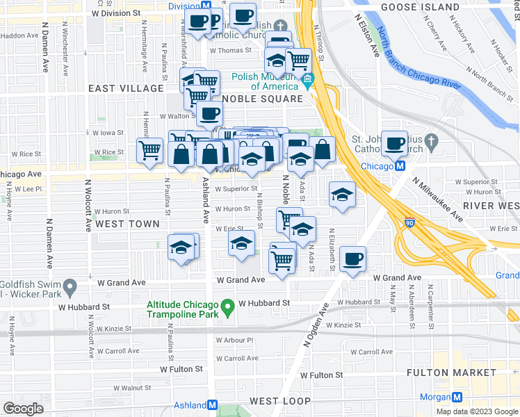 map of restaurants, bars, coffee shops, grocery stores, and more near West Huron Street & North Bishop Street in Chicago