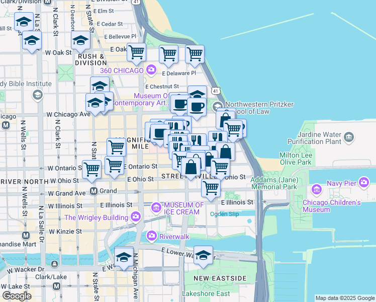 map of restaurants, bars, coffee shops, grocery stores, and more near 310 East Erie Street in Chicago