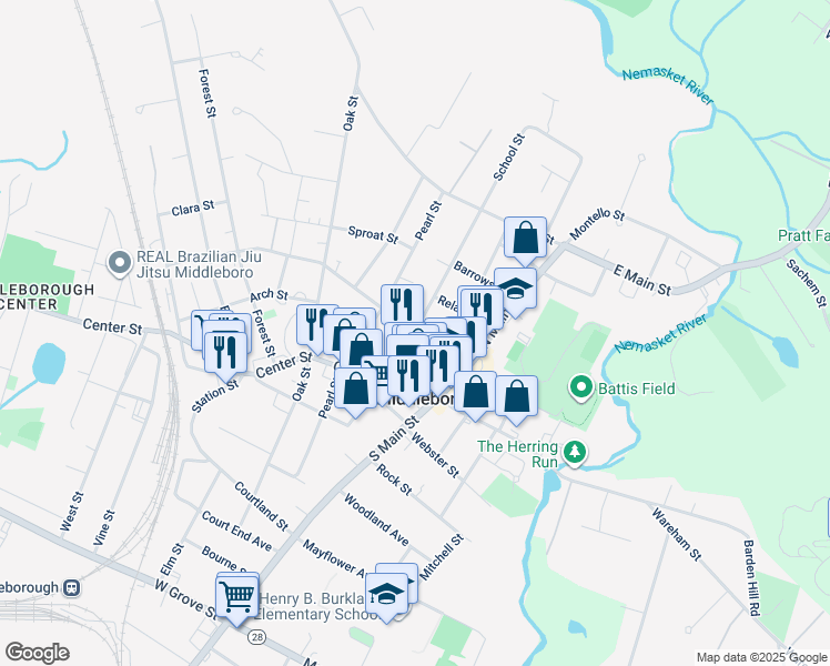 map of restaurants, bars, coffee shops, grocery stores, and more near 80 Peirce Street in Middleborough