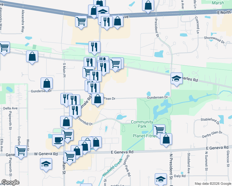 map of restaurants, bars, coffee shops, grocery stores, and more near 545 Gundersen Drive in Carol Stream