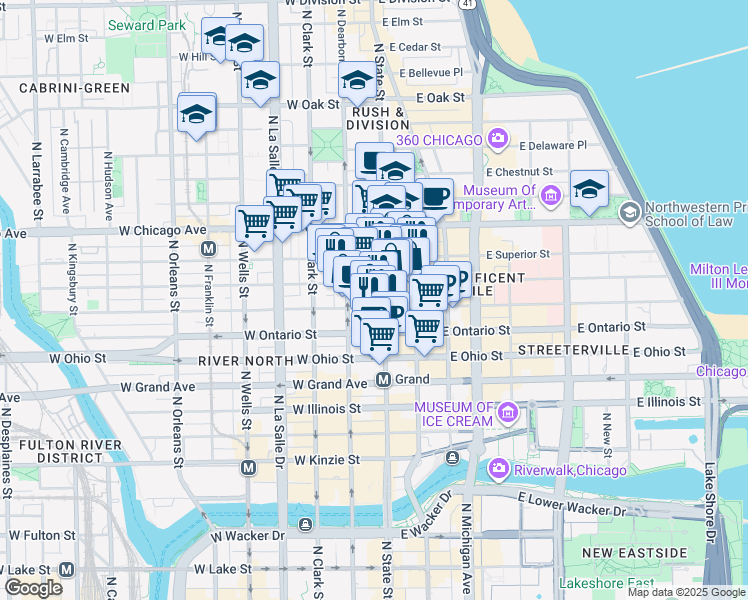 map of restaurants, bars, coffee shops, grocery stores, and more near 700 North State Street in Chicago