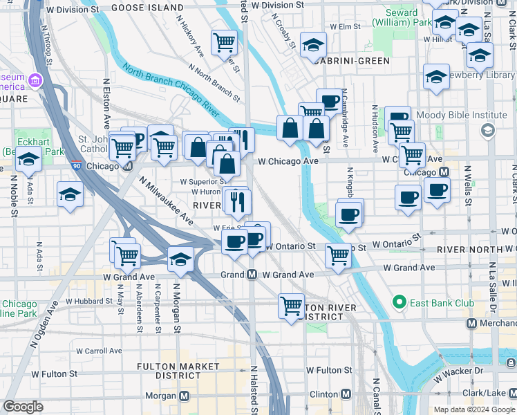 map of restaurants, bars, coffee shops, grocery stores, and more near 705 North Halsted Street in Chicago