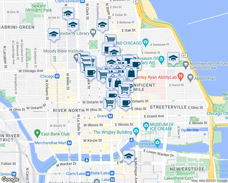 map of restaurants, bars, coffee shops, grocery stores, and more near 711 North Wabash Avenue in Chicago