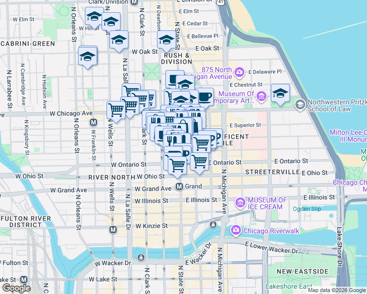 map of restaurants, bars, coffee shops, grocery stores, and more near 2 East Erie Street in Chicago