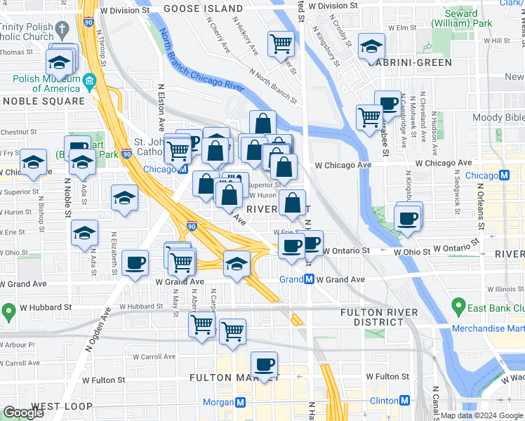 map of restaurants, bars, coffee shops, grocery stores, and more near 674 North Peoria Street in Chicago