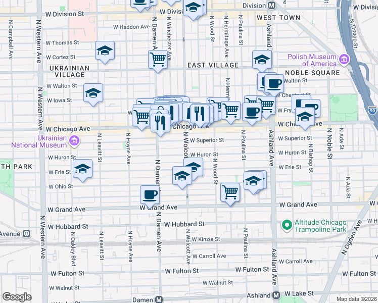map of restaurants, bars, coffee shops, grocery stores, and more near 1856 West Huron Street in Chicago