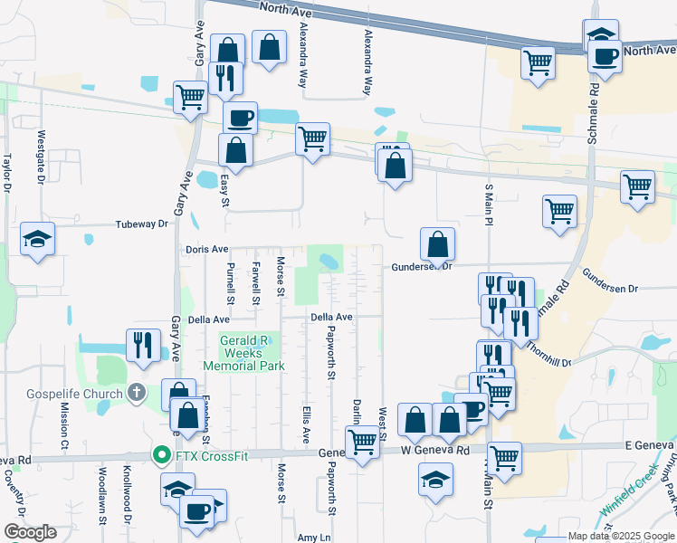 map of restaurants, bars, coffee shops, grocery stores, and more near 1N330 Papworth Street in Carol Stream