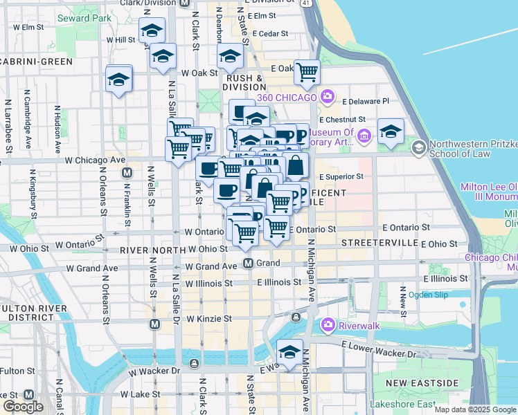 map of restaurants, bars, coffee shops, grocery stores, and more near 711 North Wabash Avenue in Chicago