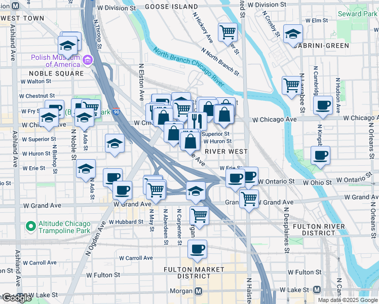 map of restaurants, bars, coffee shops, grocery stores, and more near 700 Milwaukee Avenue in Chicago