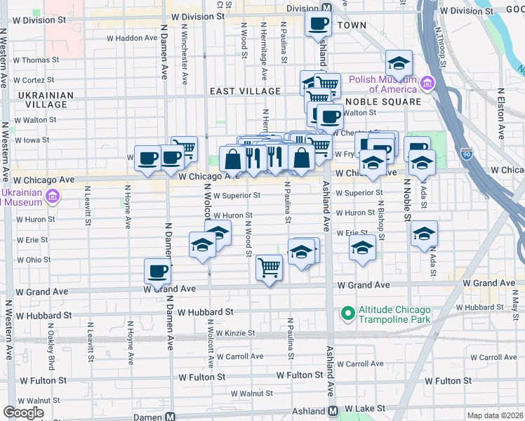 map of restaurants, bars, coffee shops, grocery stores, and more near 1738 West Huron Street in Chicago