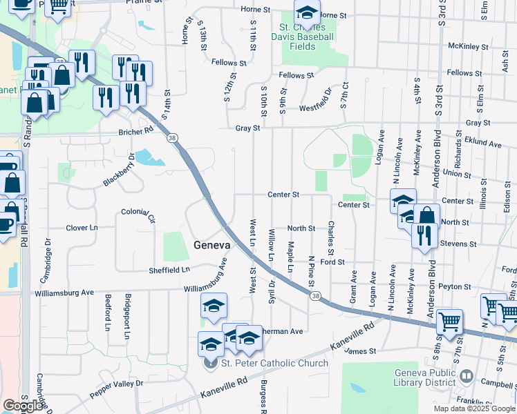 map of restaurants, bars, coffee shops, grocery stores, and more near 603 West Lane in Geneva
