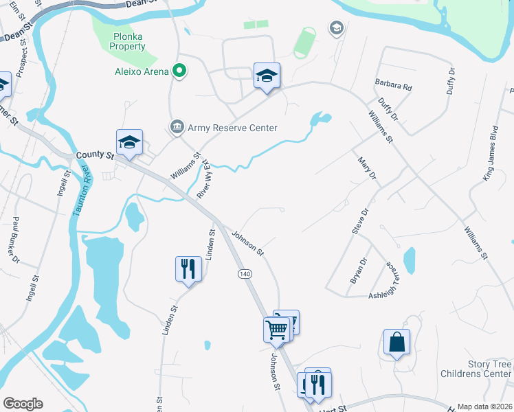 map of restaurants, bars, coffee shops, grocery stores, and more near 73 East Glen Drive in Taunton
