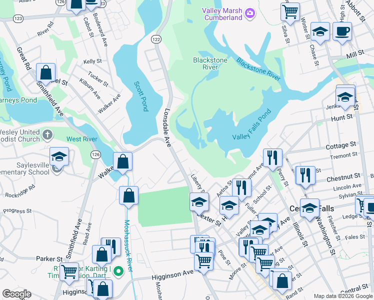 map of restaurants, bars, coffee shops, grocery stores, and more near 24 Richland Avenue in Central Falls