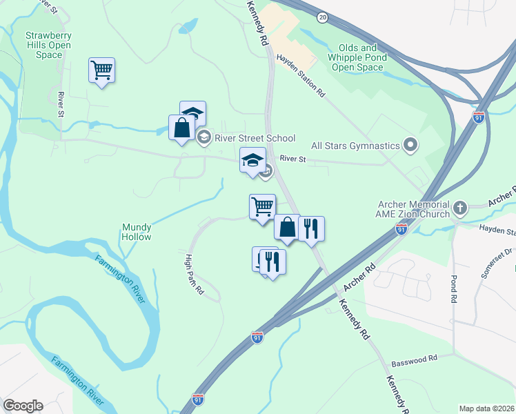 map of restaurants, bars, coffee shops, grocery stores, and more near 88 High Path Road in Windsor