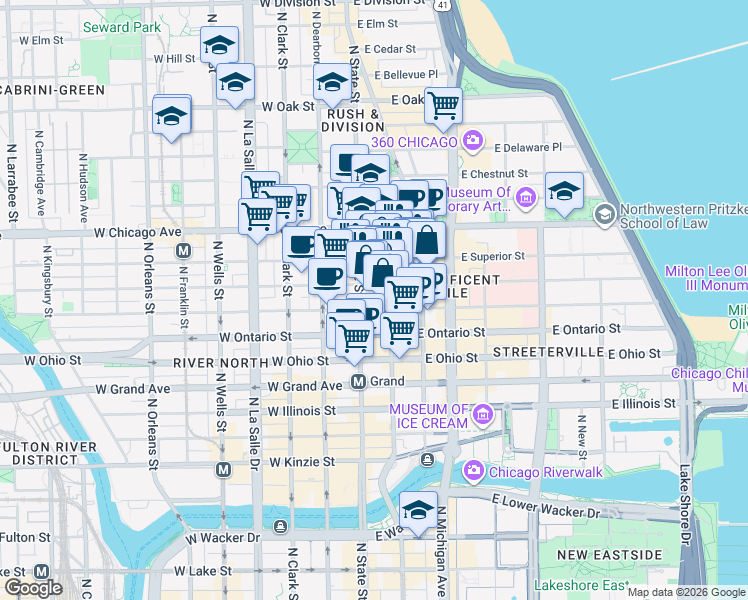map of restaurants, bars, coffee shops, grocery stores, and more near 711 North Wabash Avenue in Chicago