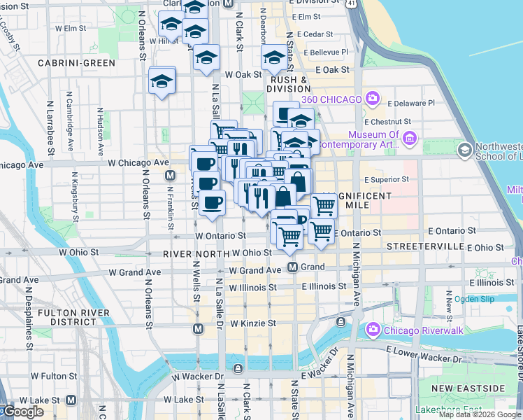 map of restaurants, bars, coffee shops, grocery stores, and more near in Chicago
