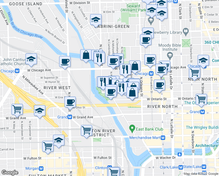 map of restaurants, bars, coffee shops, grocery stores, and more near 520 West Huron Street in Chicago