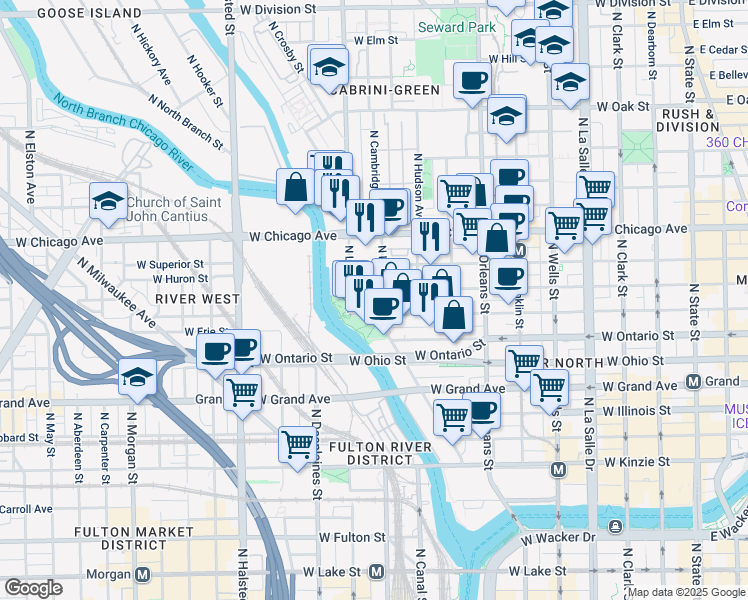 map of restaurants, bars, coffee shops, grocery stores, and more near 520 West Huron Street in Chicago