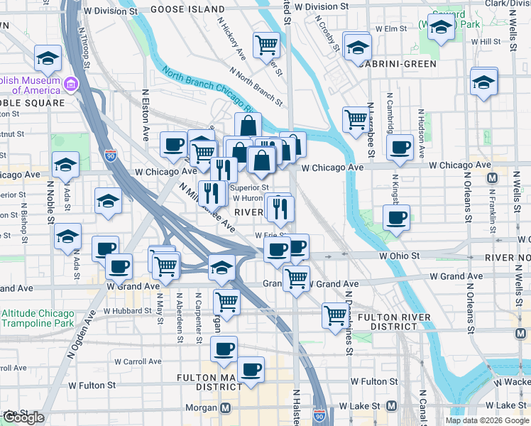 map of restaurants, bars, coffee shops, grocery stores, and more near 617 North Green Street in Chicago