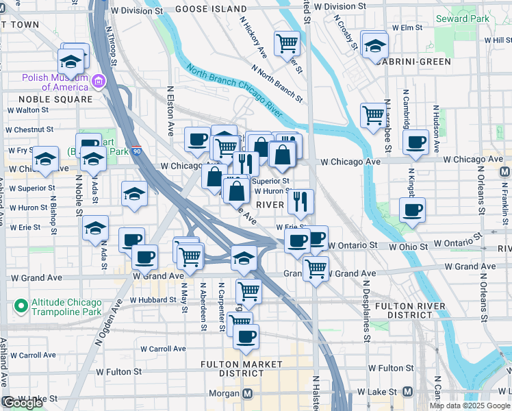 map of restaurants, bars, coffee shops, grocery stores, and more near 925 West Huron Street in Chicago