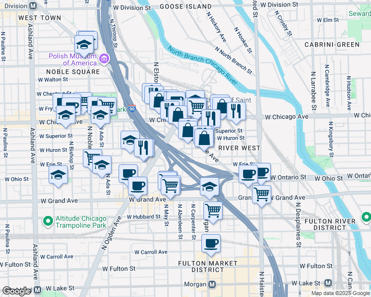 map of restaurants, bars, coffee shops, grocery stores, and more near 731 North Carpenter Street in Chicago