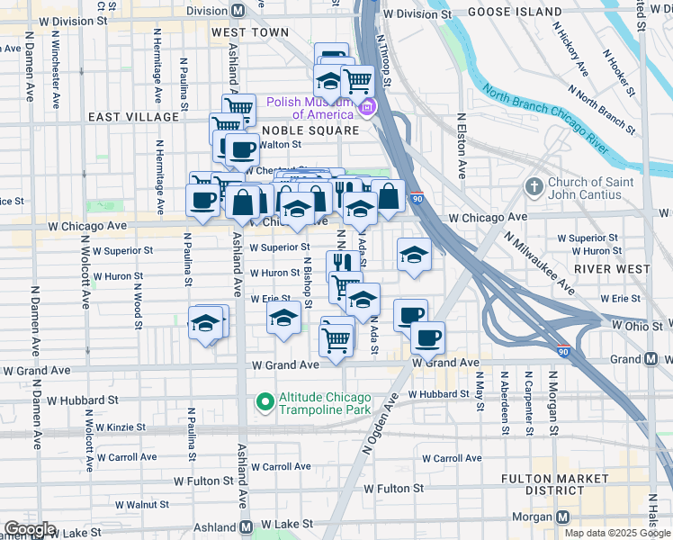 map of restaurants, bars, coffee shops, grocery stores, and more near 1413 West Superior Street in Chicago