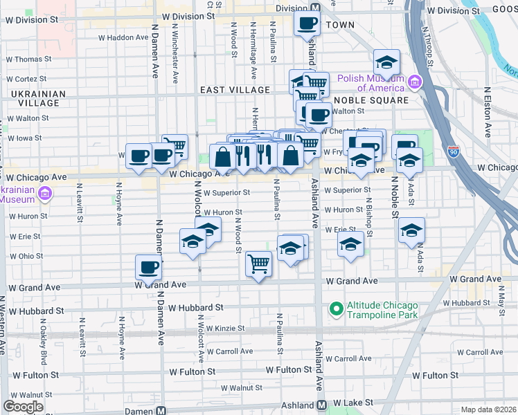 map of restaurants, bars, coffee shops, grocery stores, and more near 1719 West Superior Street in Chicago