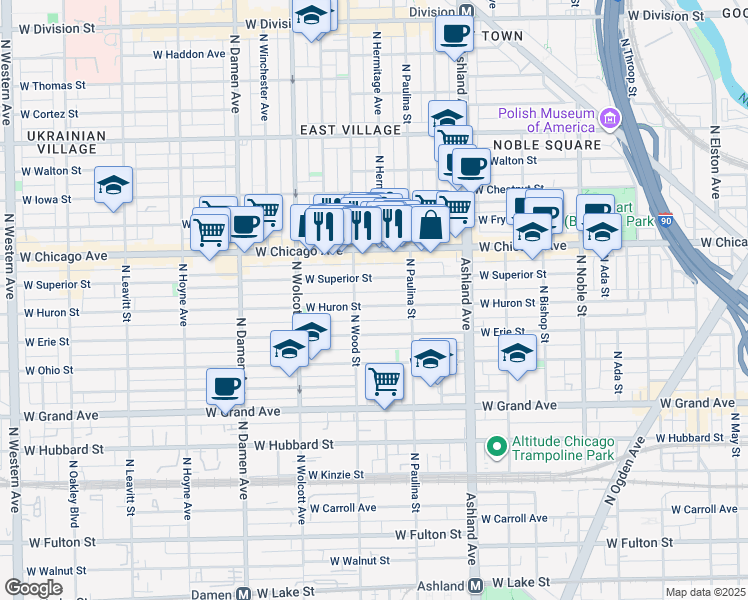 map of restaurants, bars, coffee shops, grocery stores, and more near 1759 West Superior Street in Chicago